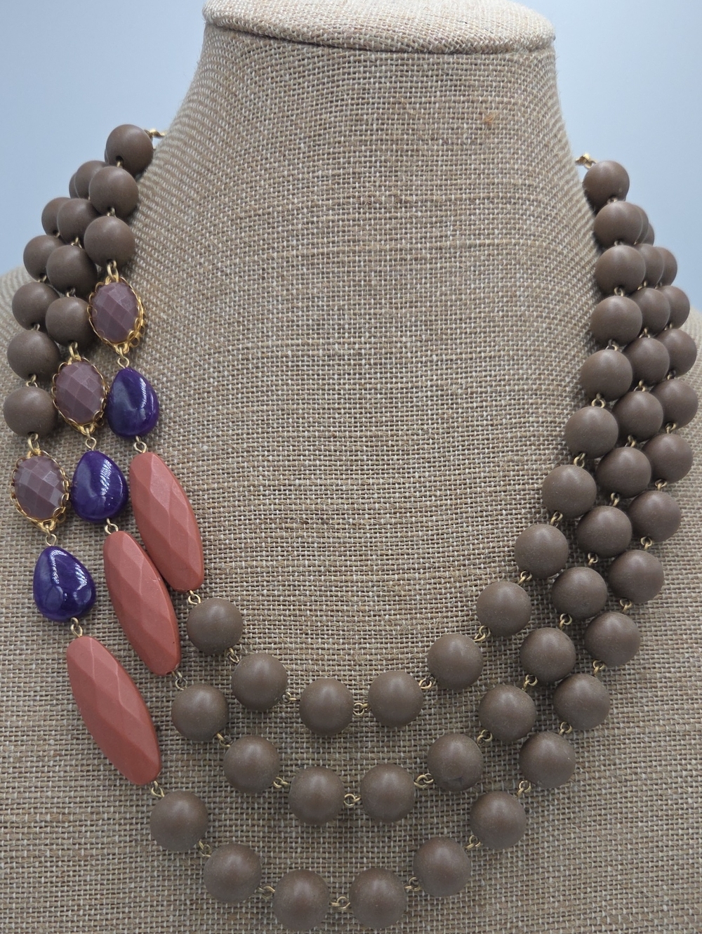 David Aubrey Multi-Strand Taupe Bead Necklace with Coral and Purple Accents